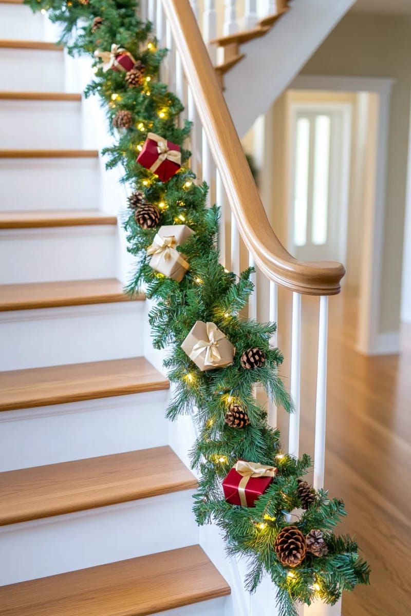 staircase garland with mini red gift boxes and fairy lights 1