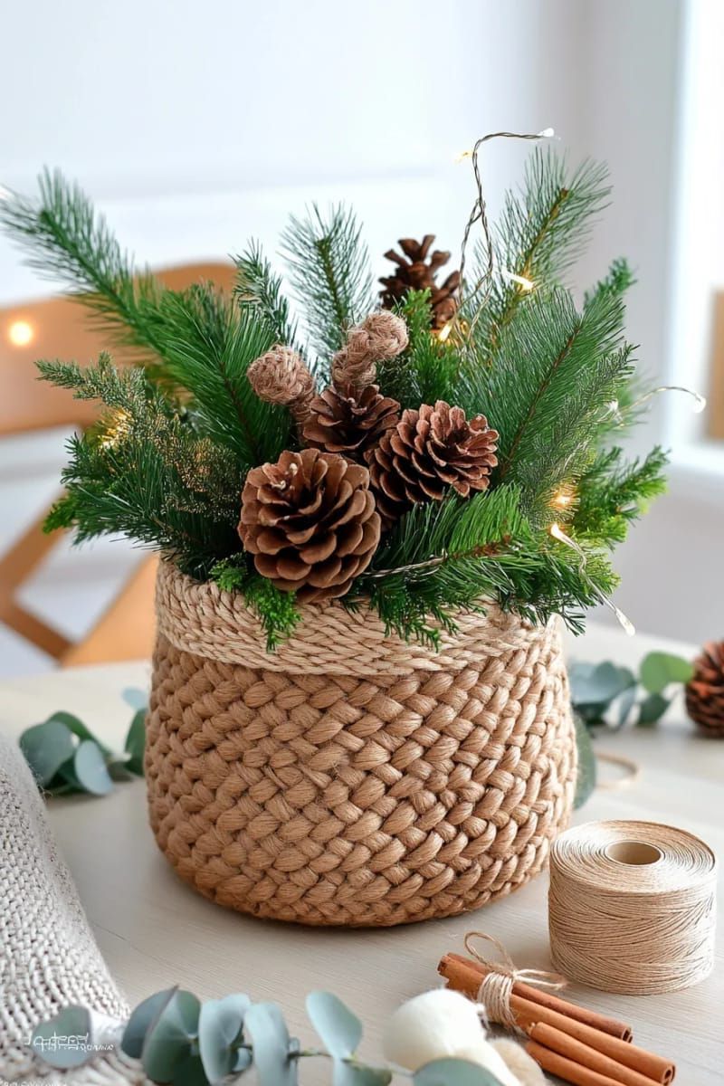 diy jute basket vase filled with pine branches and natural pinecones 1