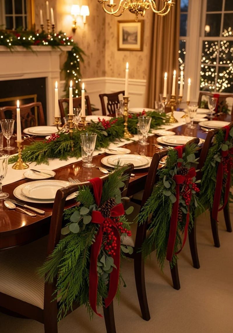 fresh greenery swags on the backs of dining chairs 1
