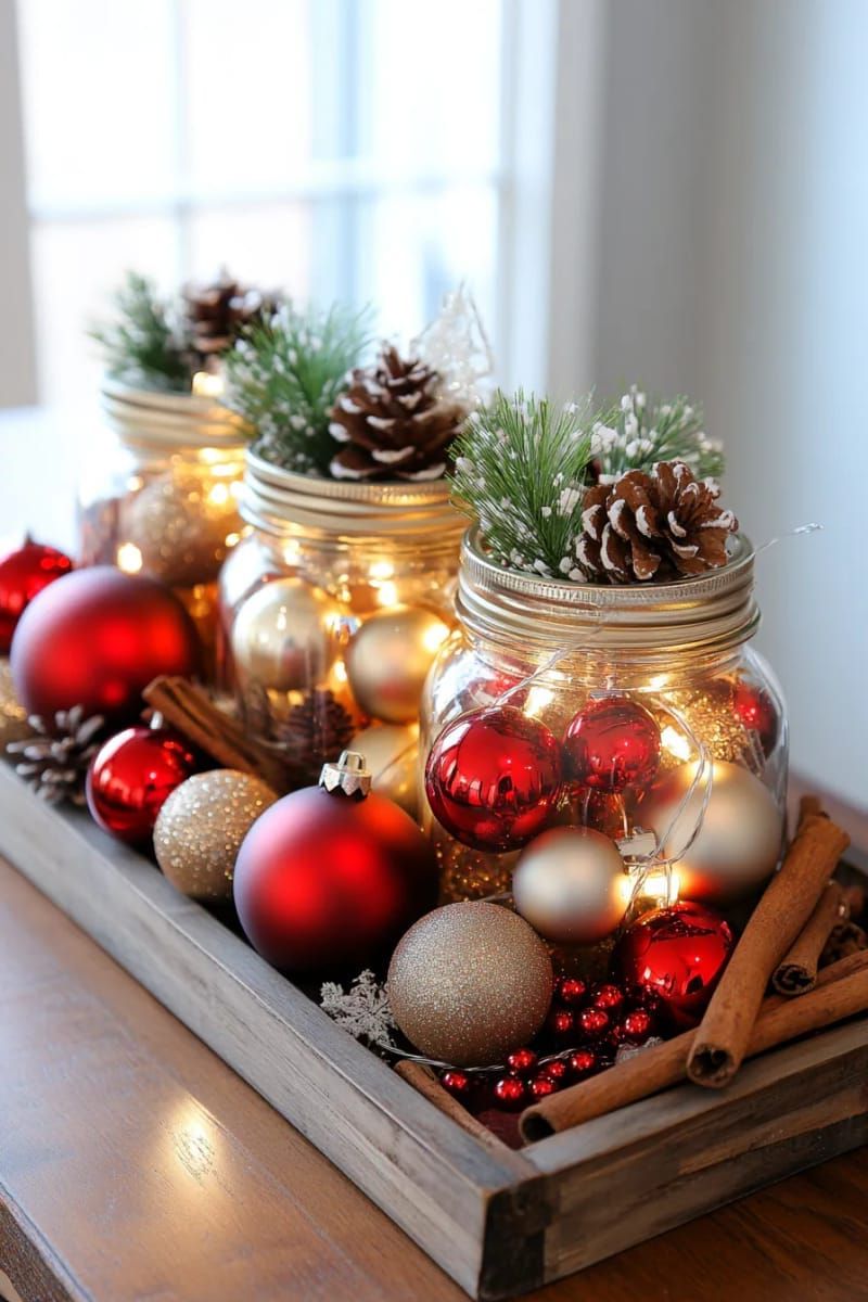 mason jars filled with mini ornaments and battery fairy lights 1