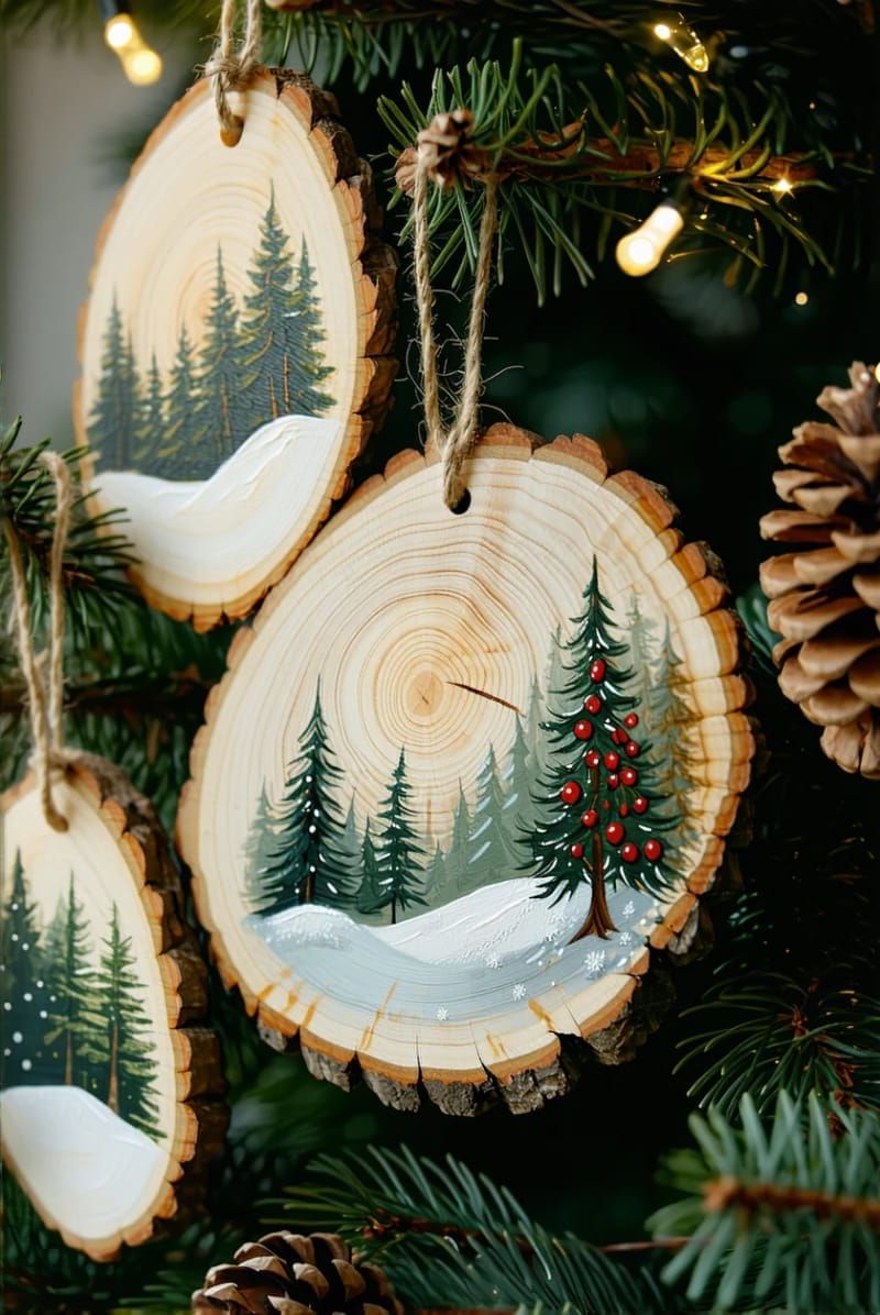 rustic wood slice ornaments with hand-painted winter scenes 1