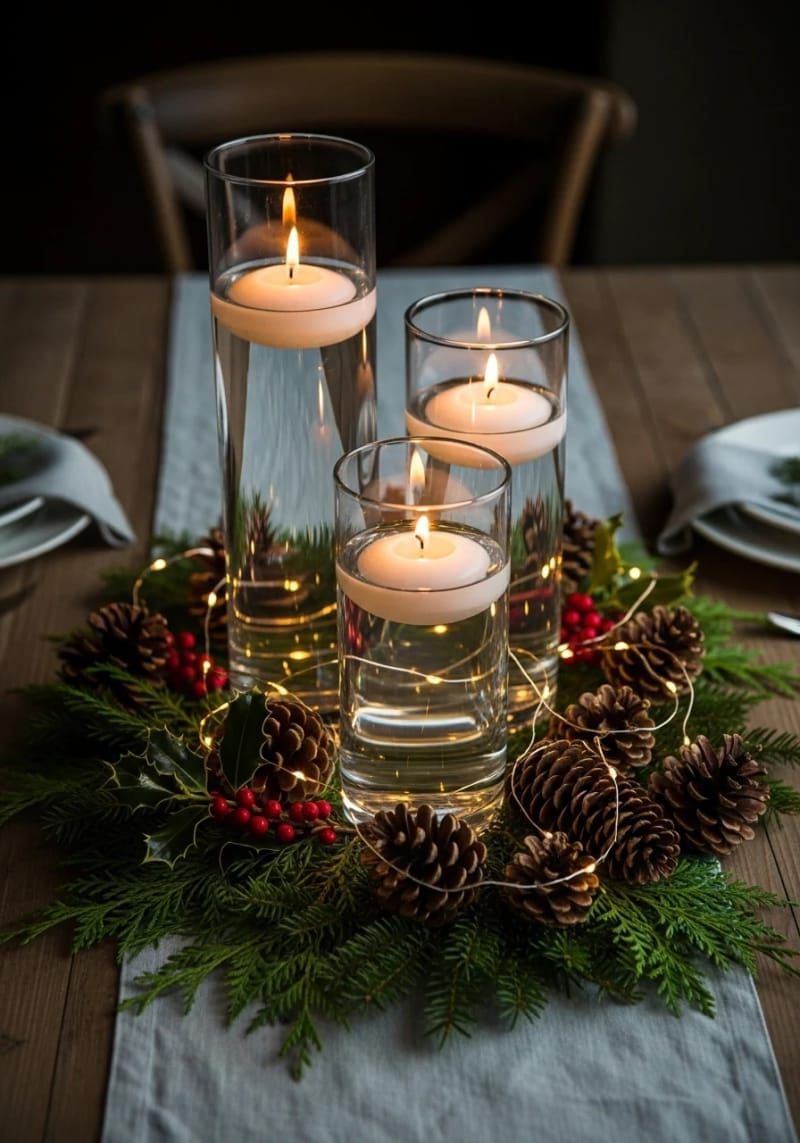 floating candles in clear vases with pinecones and twinkle lights 1