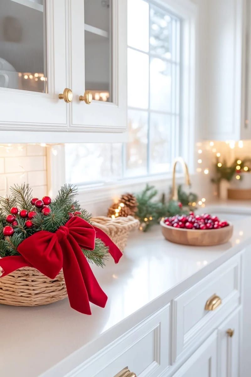 red velvet bows tied to cabinet handles and window locks 1