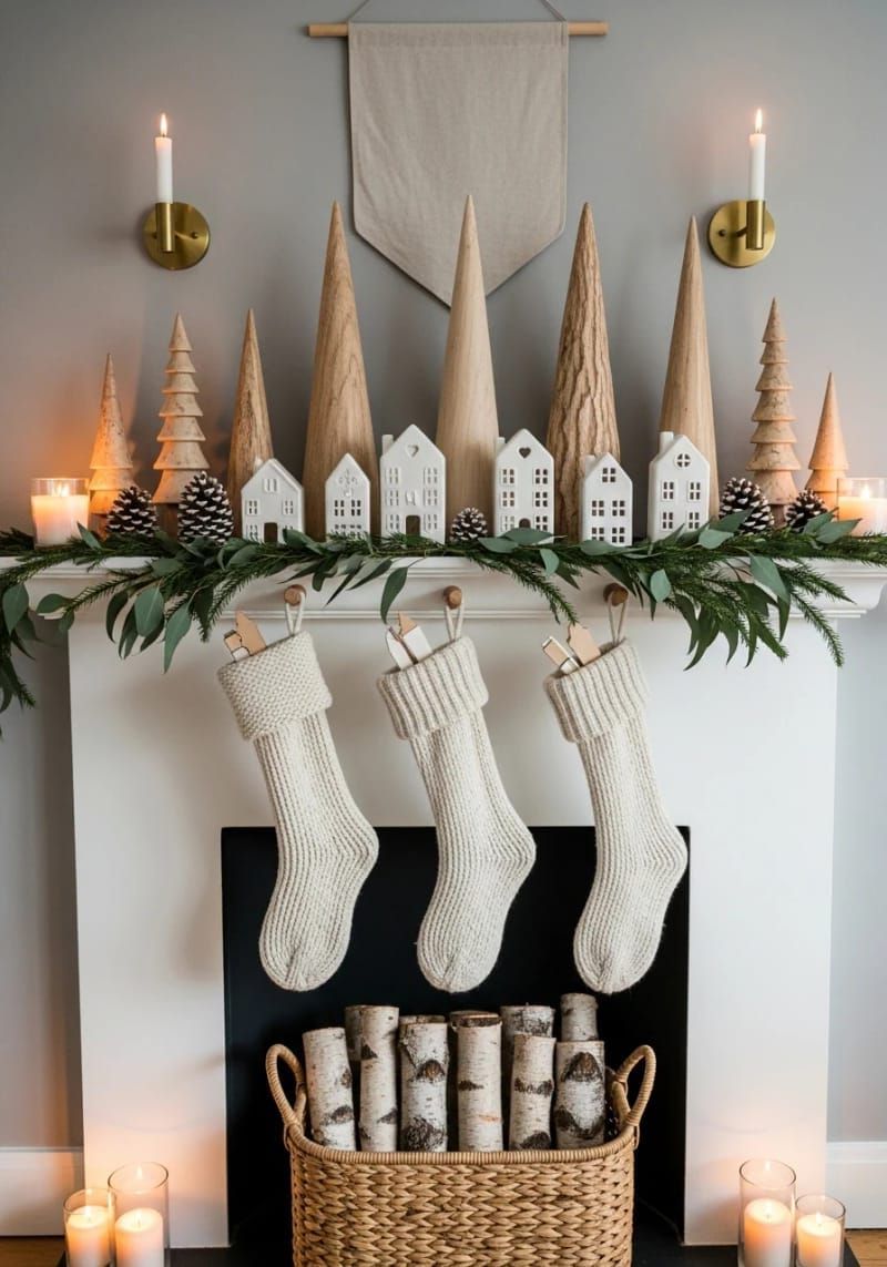 scandinavian-inspired mantel with neutral decor and wooden trees 1