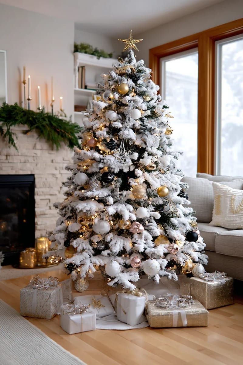 snow-dusted flocked christmas tree with metallic ornaments 1