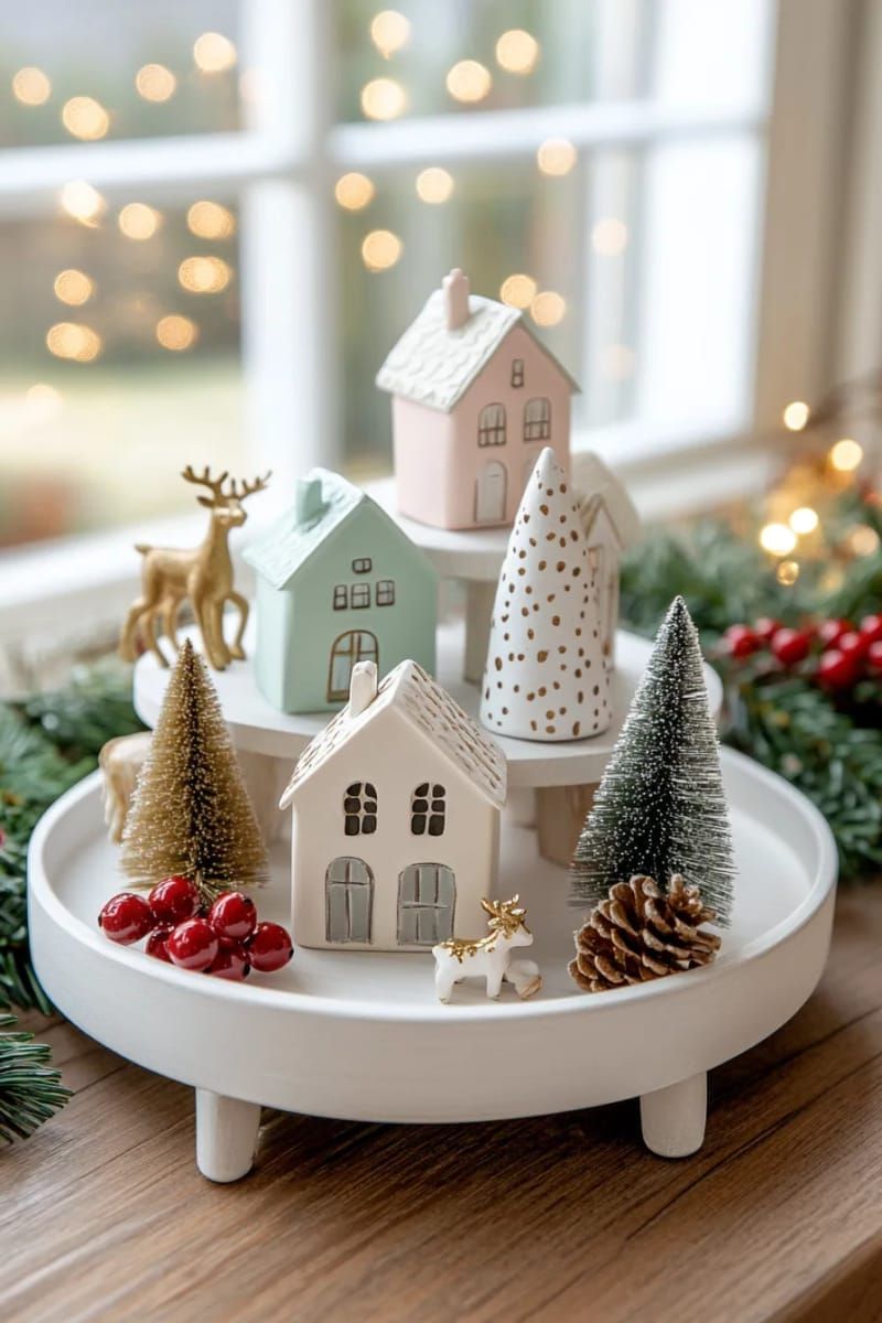 tiered tray display with mini houses, trees, and reindeer figurines 1