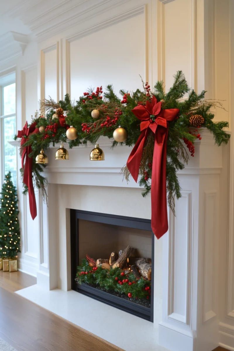 velvet ribbon garlands with gold bells over a white fireplace mantel 1