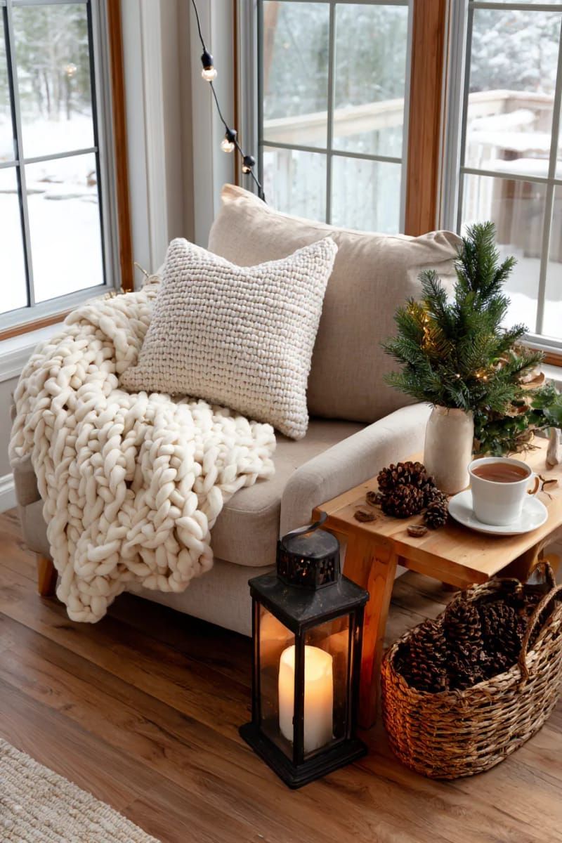 cozy armchair corner with chunky throw, lantern, and mini fir tree 1