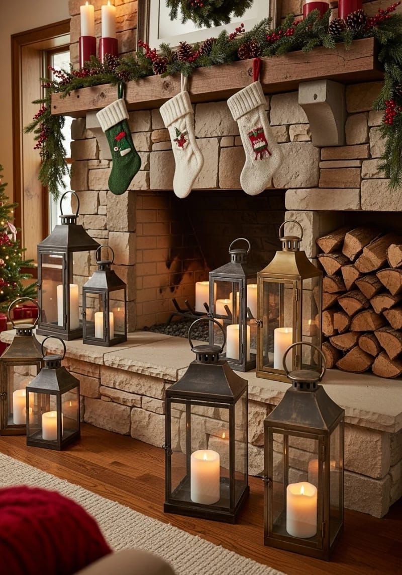 vintage lanterns with pillar candles by the fireplace hearth 1