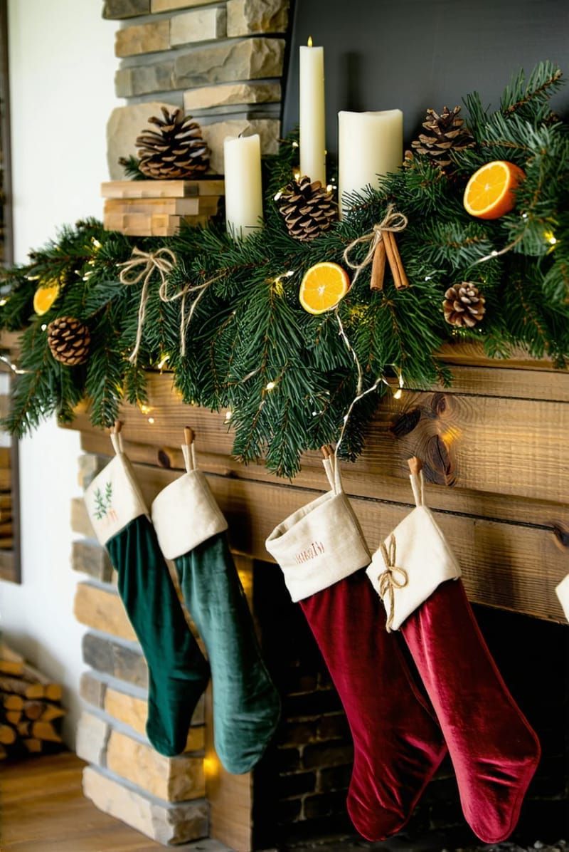 evergreen garland with dried orange slices and cinnamon stick bundles 1