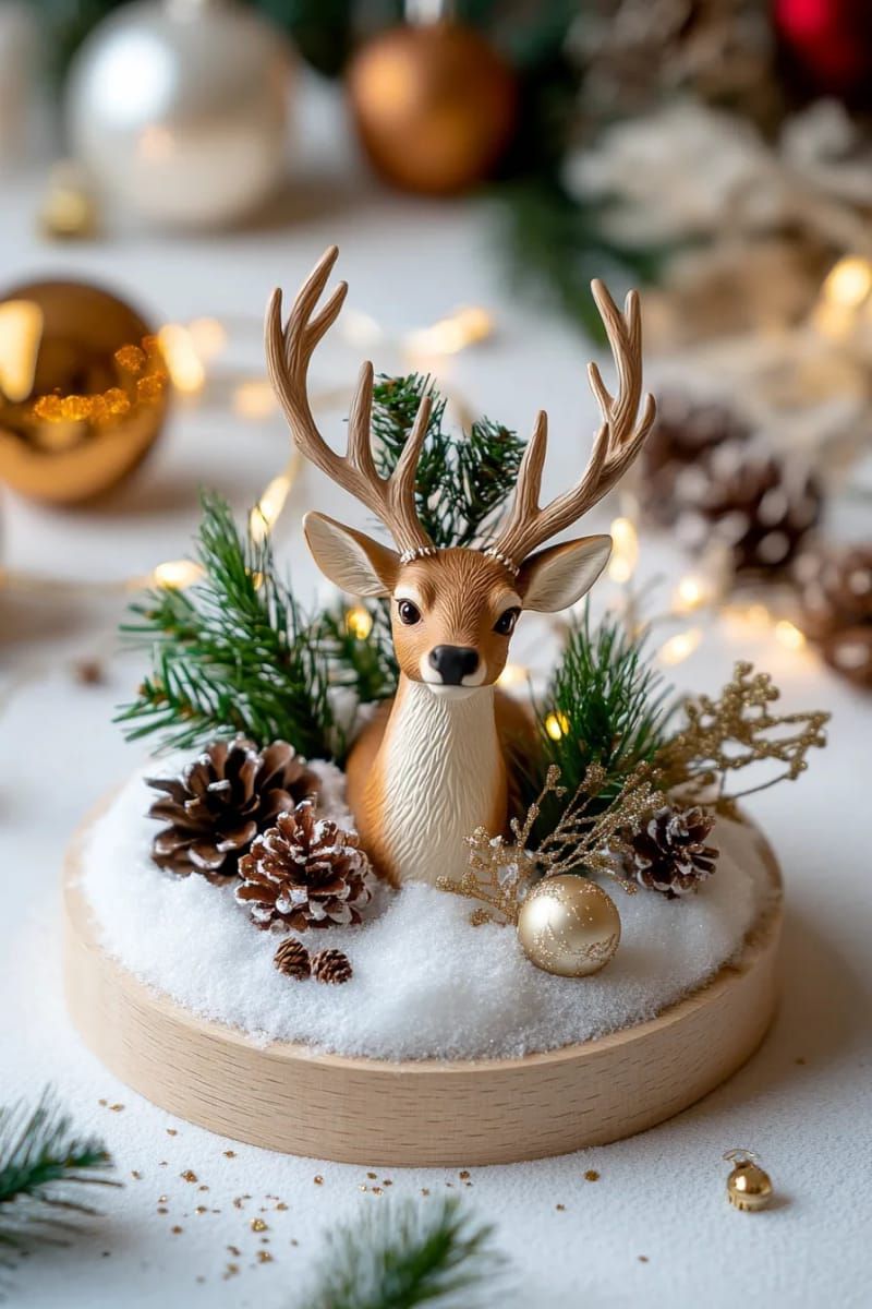 stag figurine centerpiece surrounded by faux snow and twinkle lights 1