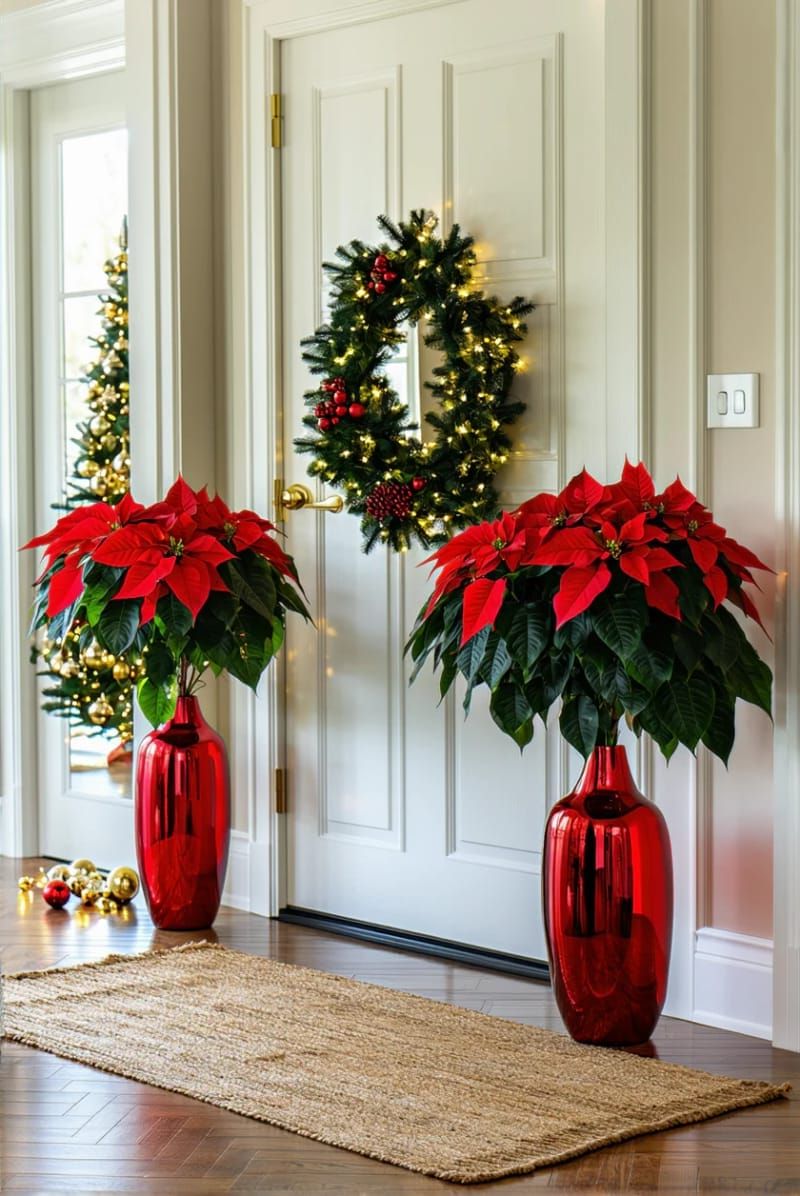oversized poinsettia bouquets in shiny red planters for the entryway 1