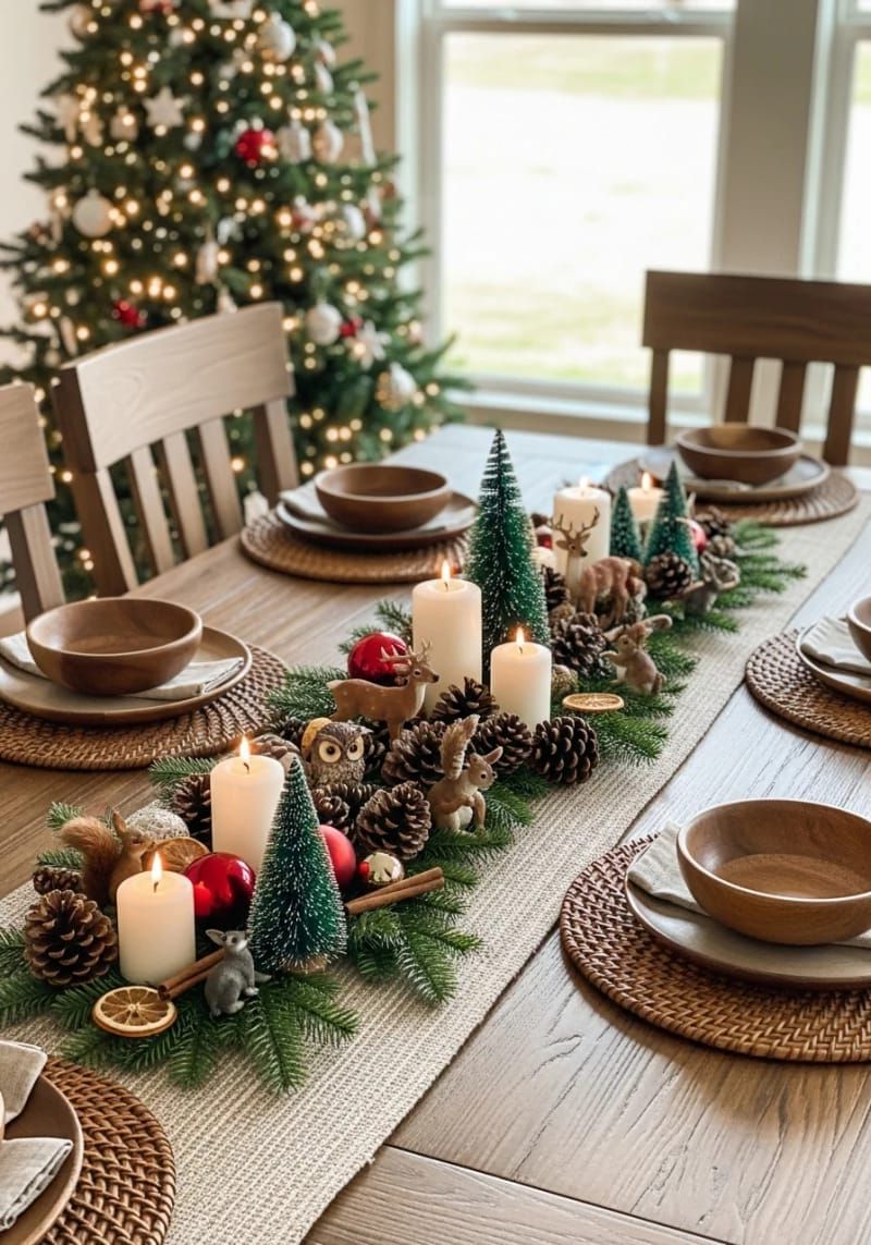 forest animal figurines and mini bottle brush trees with candle clusters 1