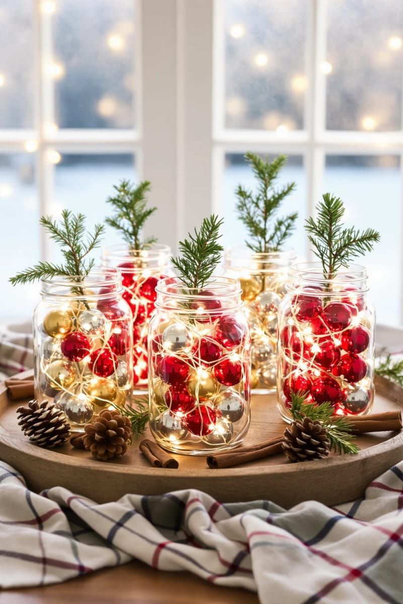 mason jars filled with mini ornaments and battery fairy lights 1