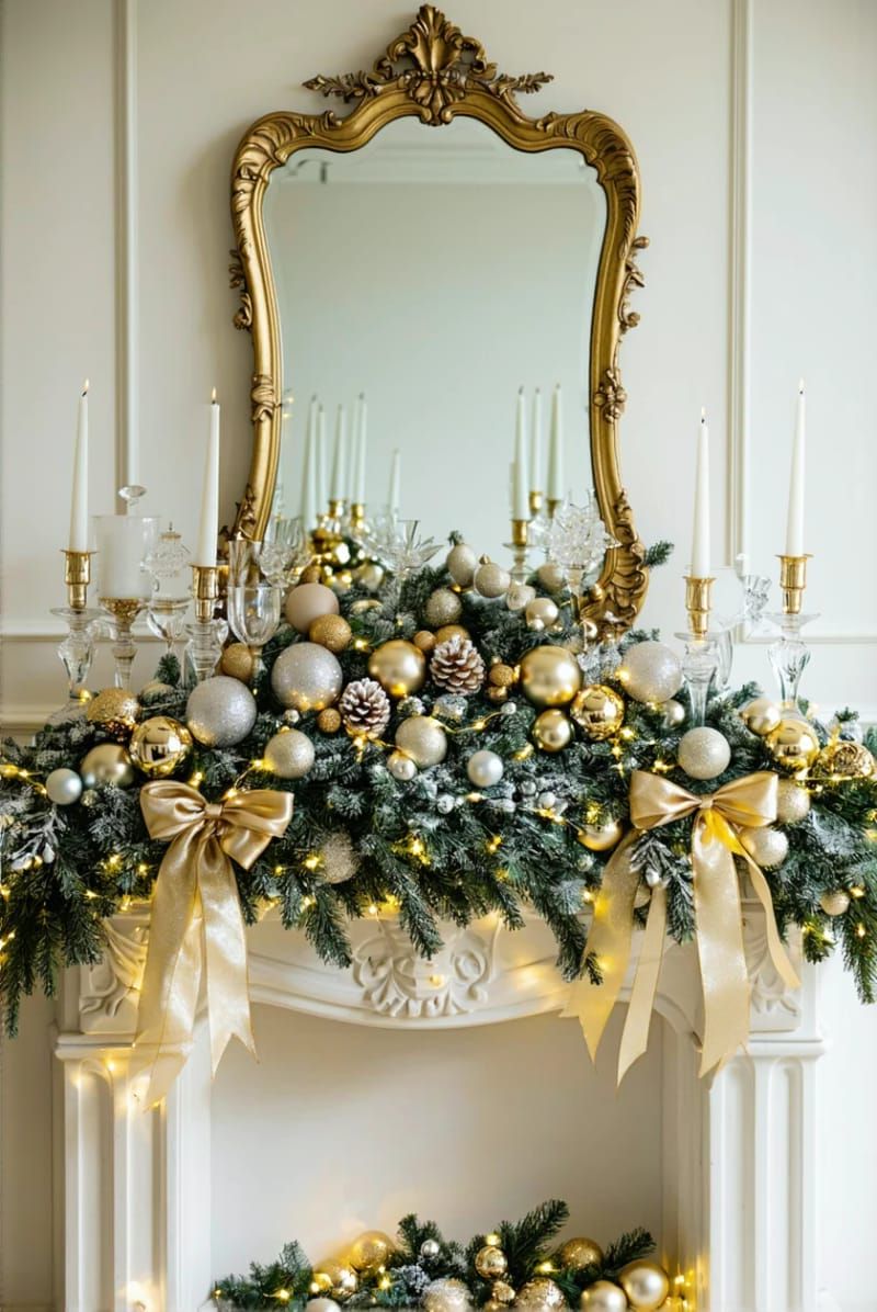 white and gold mantel with layered greenery and shimmered ornaments 1