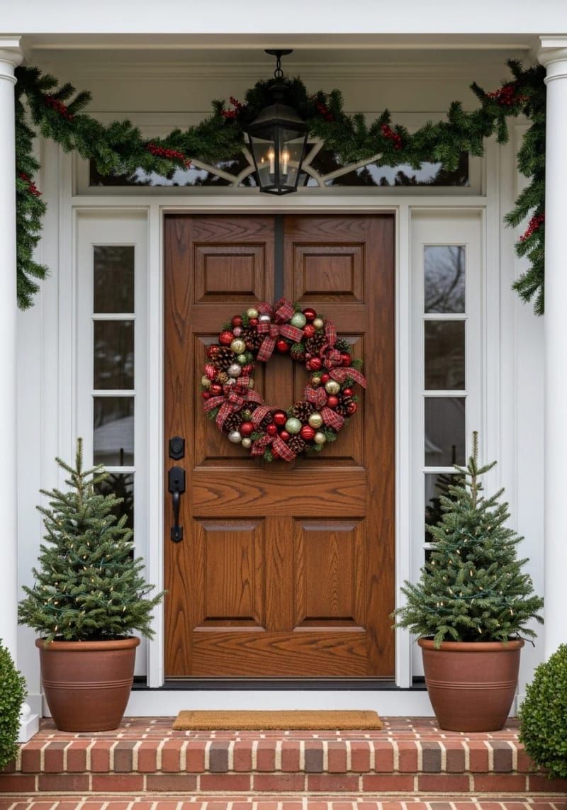 plaid and pinecone wreath with metallic baubles on a wooden front door 1