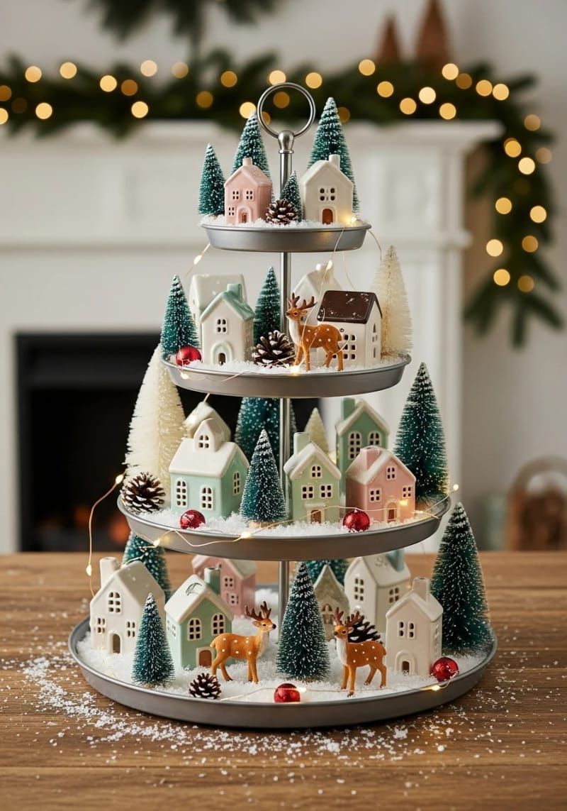 tiered tray display with mini houses, trees, and reindeer figurines 1