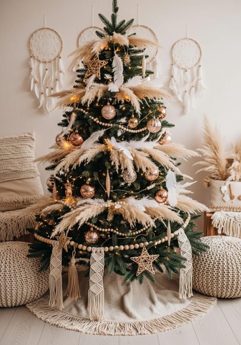 boho chic tree with feathers, metallic ornaments, and woven beads 1