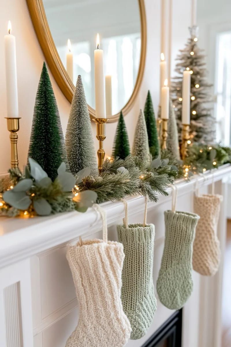mantel lined with bottle brush trees in ombre green shades 1