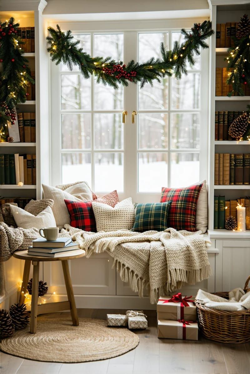 cozy reading nook with plaid pillows and chunky knit throws 1