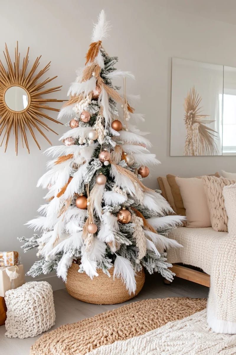 boho chic tree with feathers, metallic ornaments, and woven beads 1