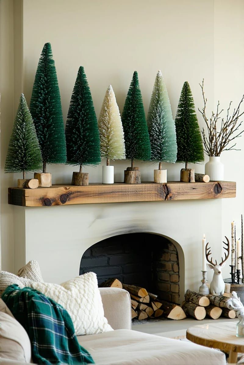 mantel lined with bottle brush trees in ombre green shades 1