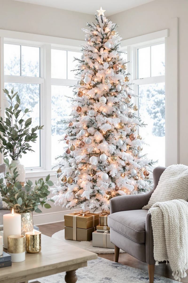 snow-dusted flocked christmas tree with metallic ornaments 1