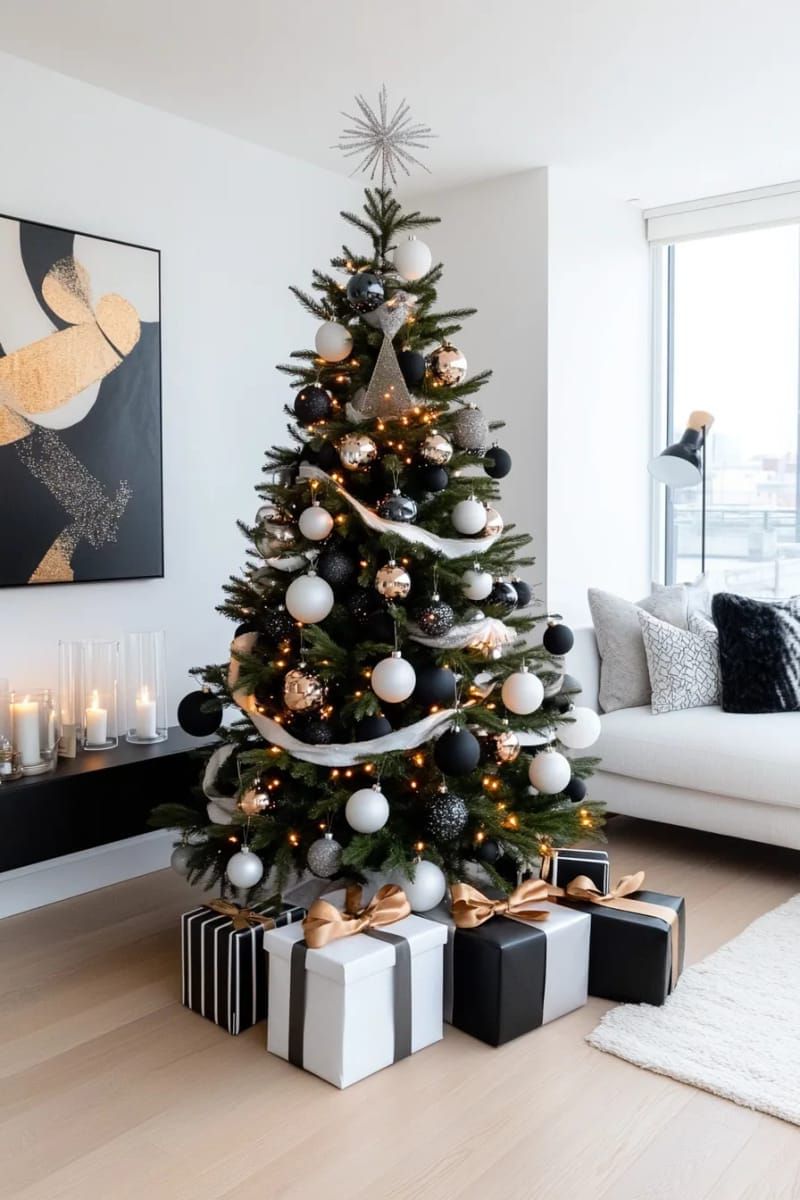 modern black and white tree with matte and glossy ornament mix 1