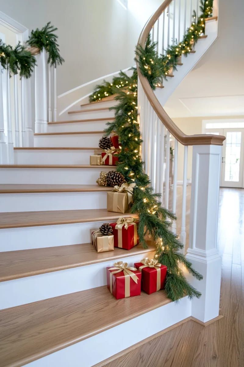 staircase garland with mini red gift boxes and fairy lights 1