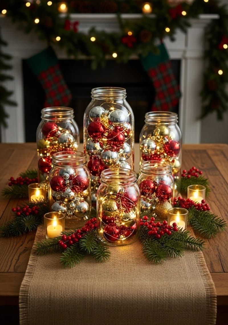 mason jars filled with mini ornaments and battery fairy lights 1