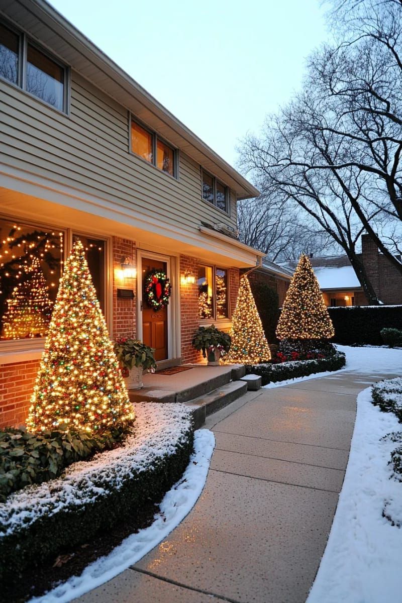 lighted christmas tree silhouettes on the house exterior 1