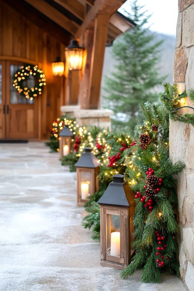 wreaths made of mixed greenery, red berries, and snowy pinecones 1