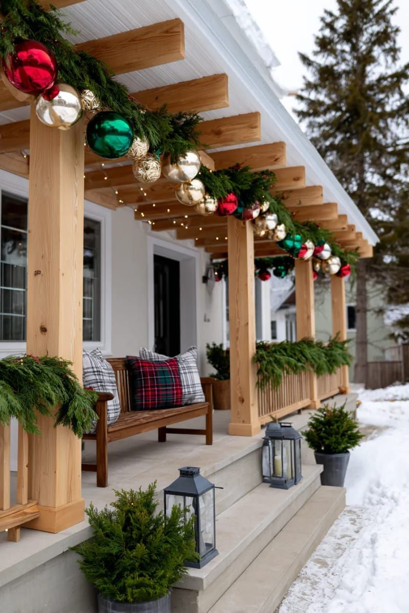 floating oversized ornaments hanging from porch beams 1