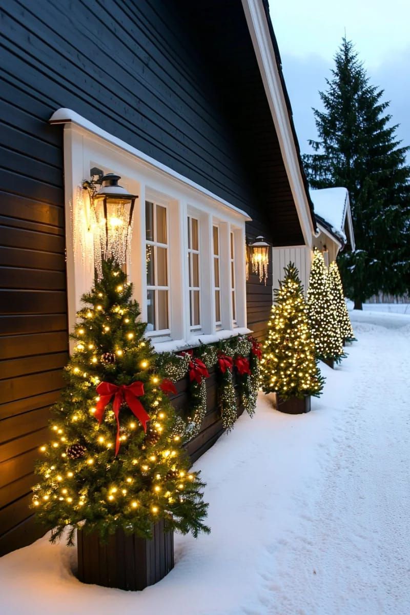 lighted christmas tree silhouettes on the house exterior 1