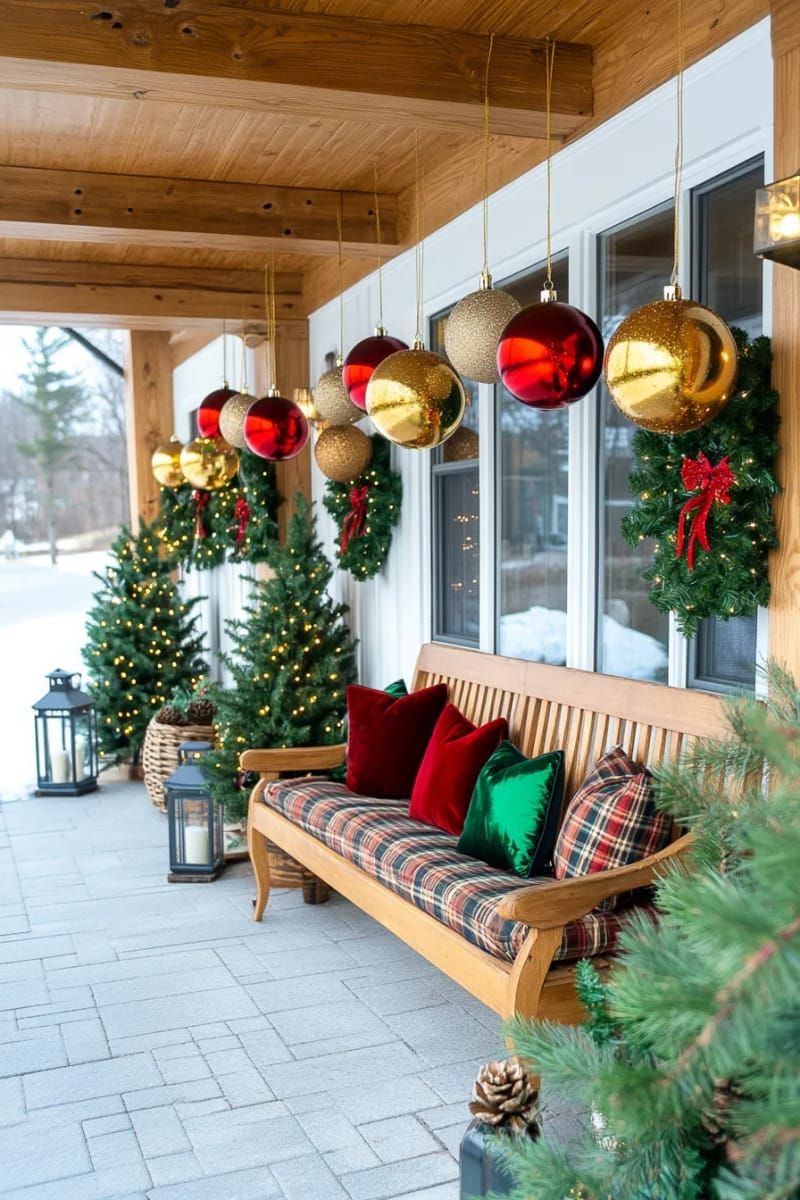 floating oversized ornaments hanging from porch beams 1