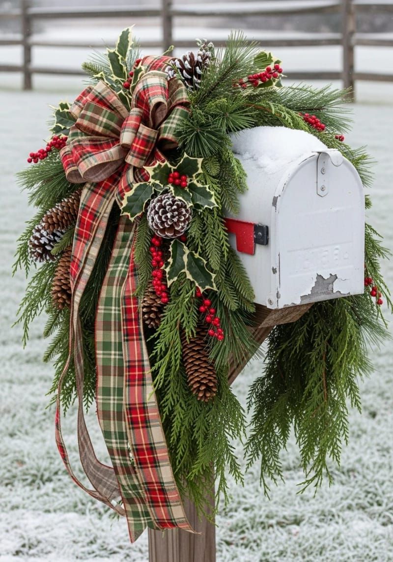 festive mailbox swags with plaid ribbon and pinecones 1