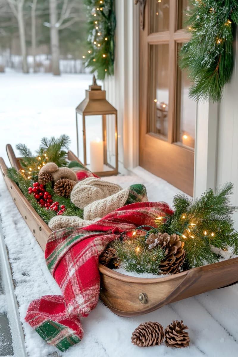 wooden sleds adorned with plaid blankets and pine branches 1