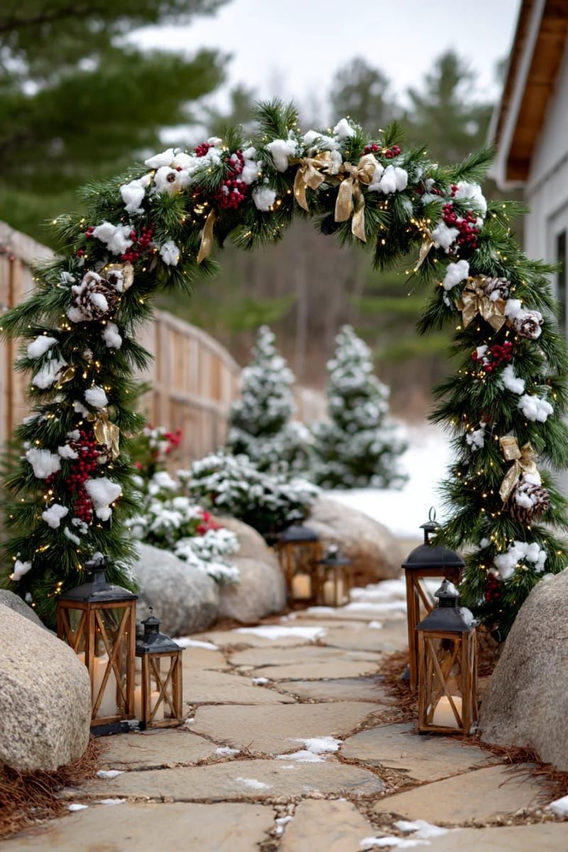 pine garland archways with twinkling fairy lights 1