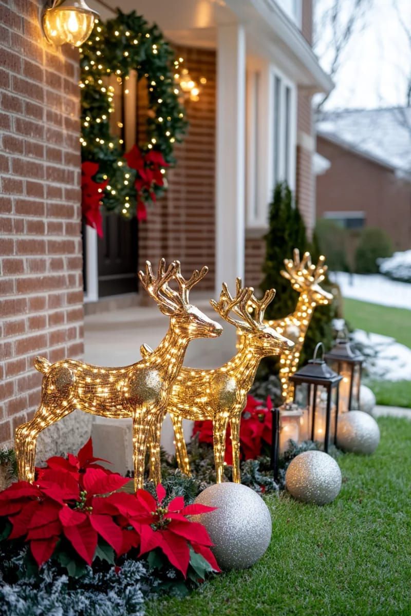 glowing golden reindeer family illuminated by fairy lights on the front lawn 1