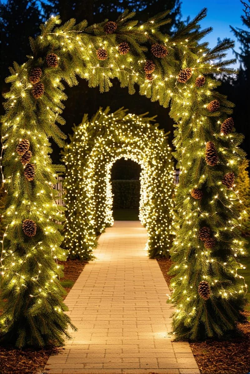 pine garland archways with twinkling fairy lights 1