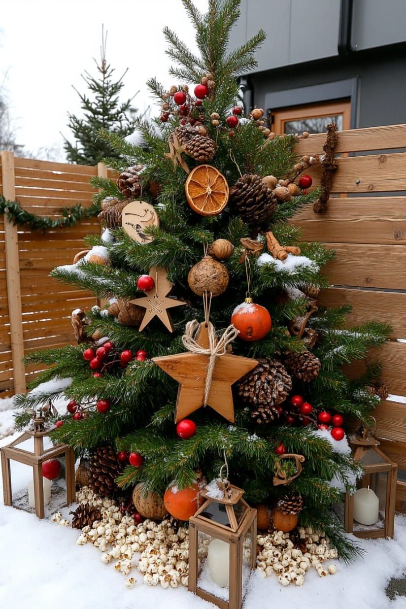 outdoor christmas tree decorated only with natural elements 1
