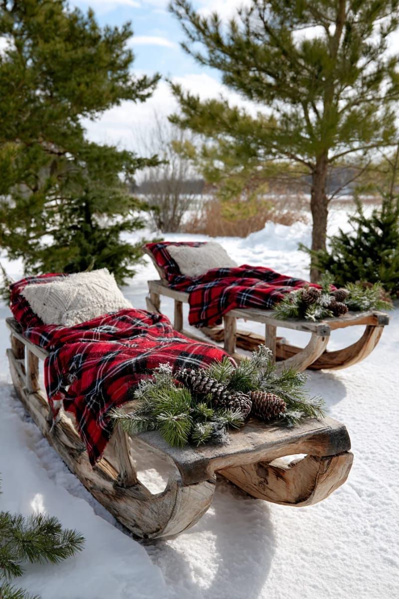 wooden sleds adorned with plaid blankets and pine branches 1