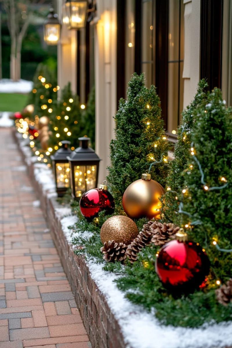red and gold ornament clusters nestled in shrubbery 1