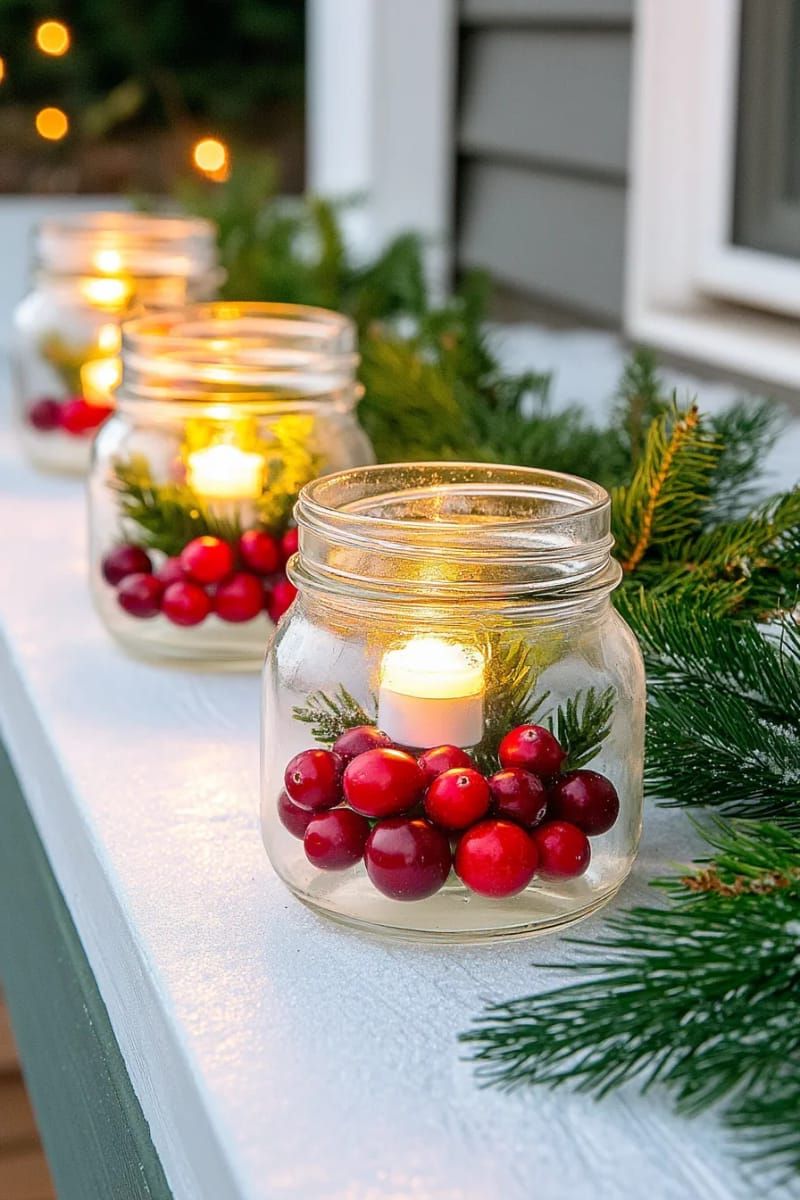 candlelit mason jars filled with cranberries and greenery 1