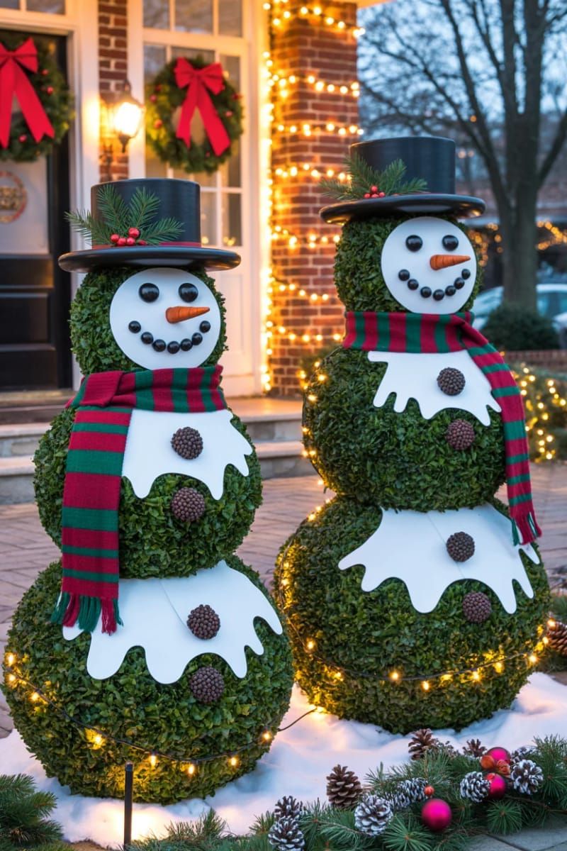 frosty topiary snowmen with scarves and hats at the entrance 1
