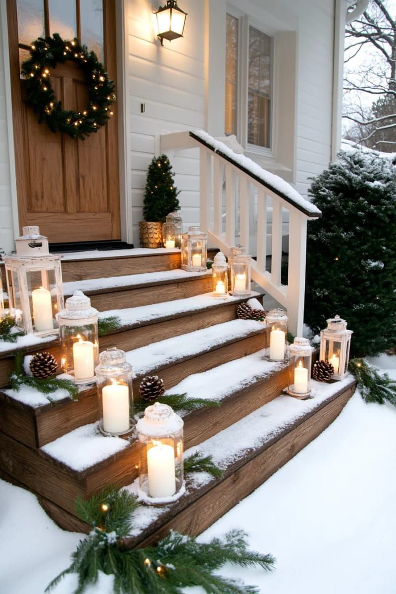 candlelit lanterns surrounded by frosted ornaments on wooden steps 1