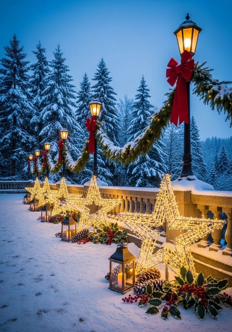 enormous star sculptures wrapped in warm white lights lining the walkway 1