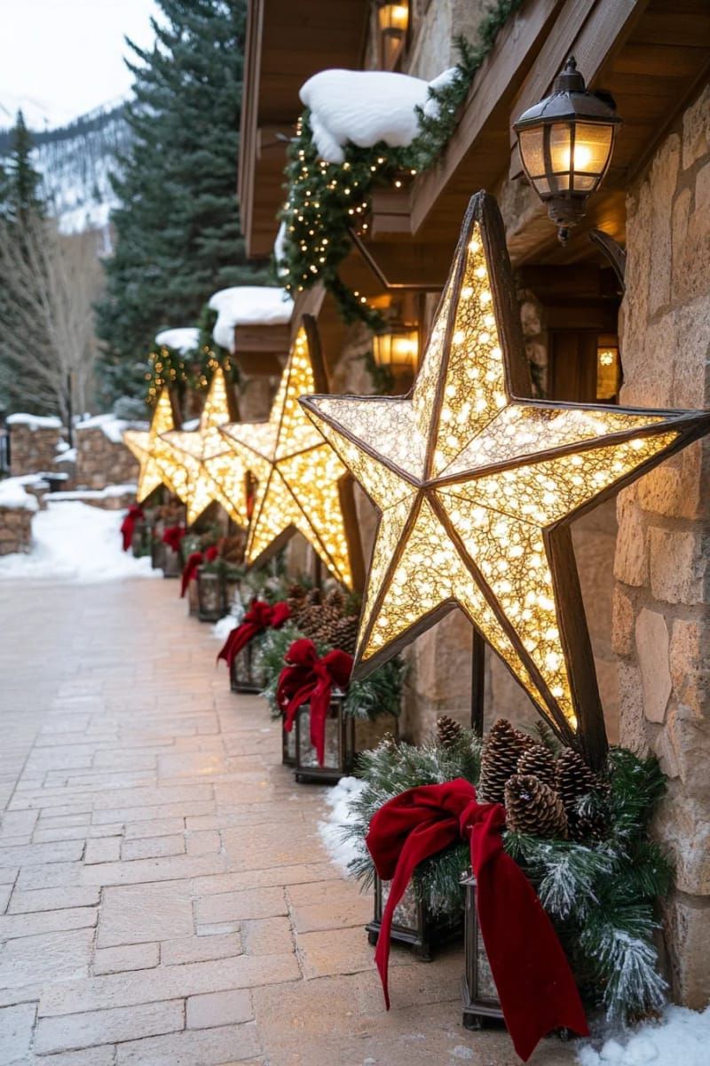 enormous star sculptures wrapped in warm white lights lining the walkway 1