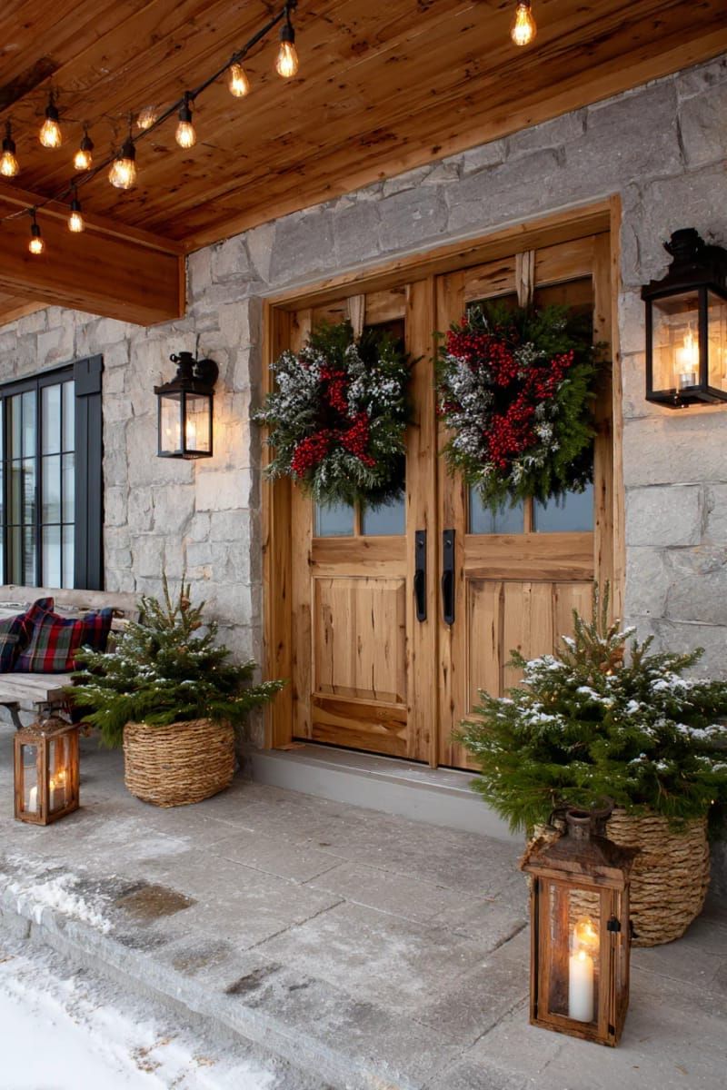 wreaths made of mixed greenery, red berries, and snowy pinecones 1