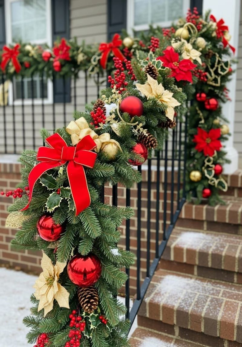garland-wrapped railings with classic red and gold accents 1